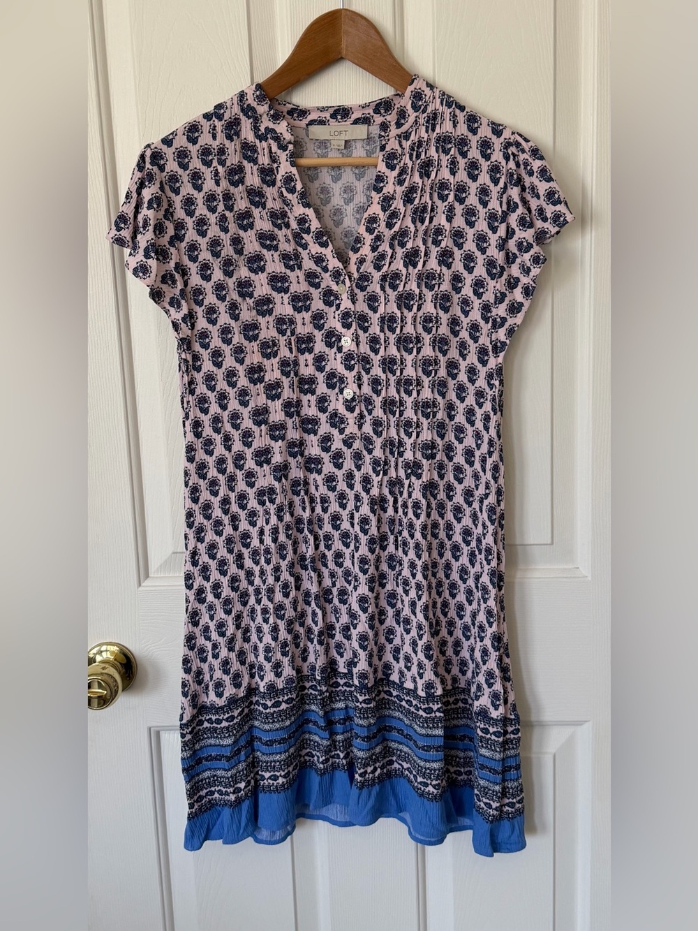 LOFT Pink and Navy Printed Short-Sleeve Dress